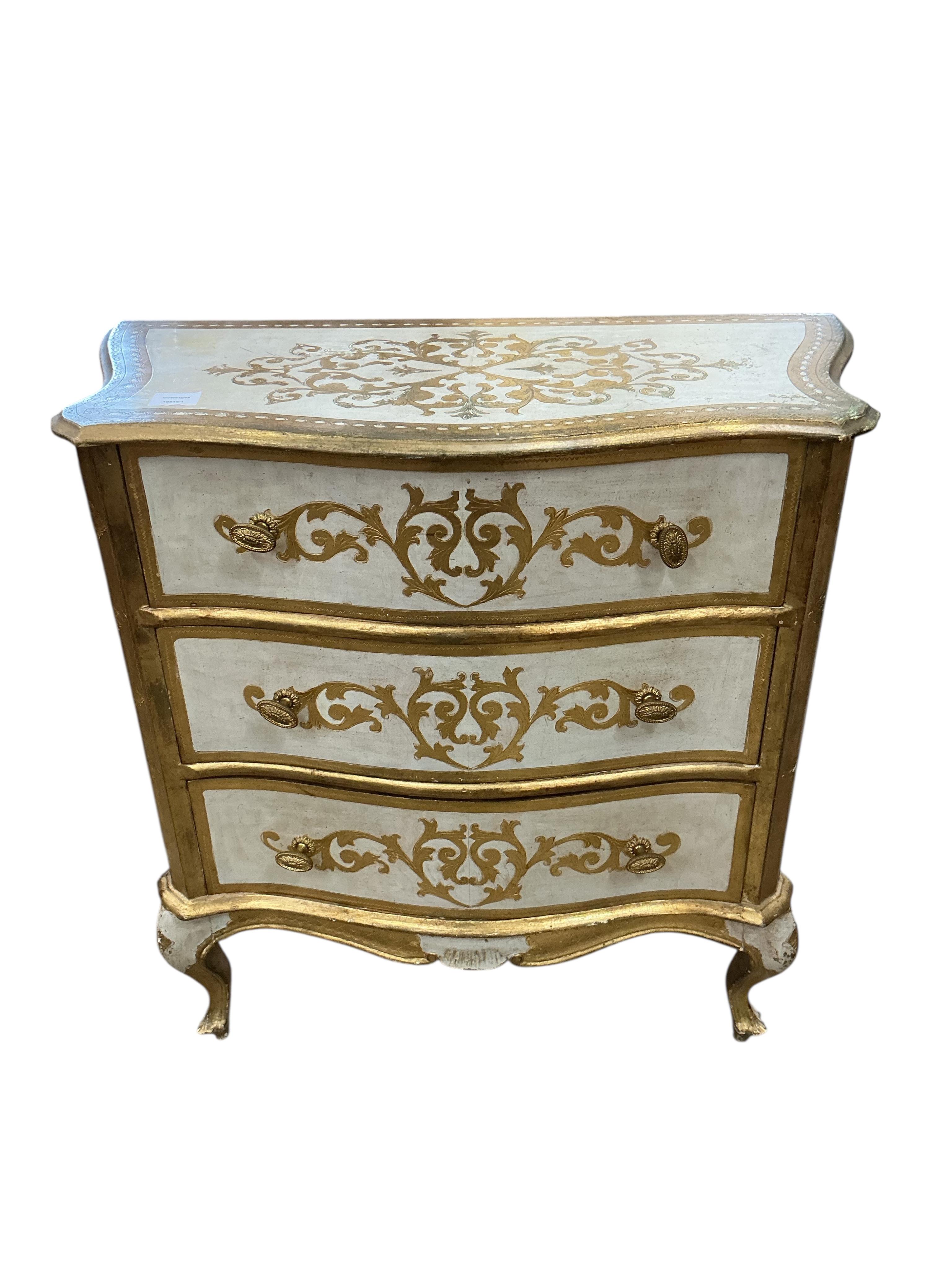 A pair of Northern Italian parcelgilt serpentine three drawer bedside chests, width 69cm, depth 38cm, height 78cm